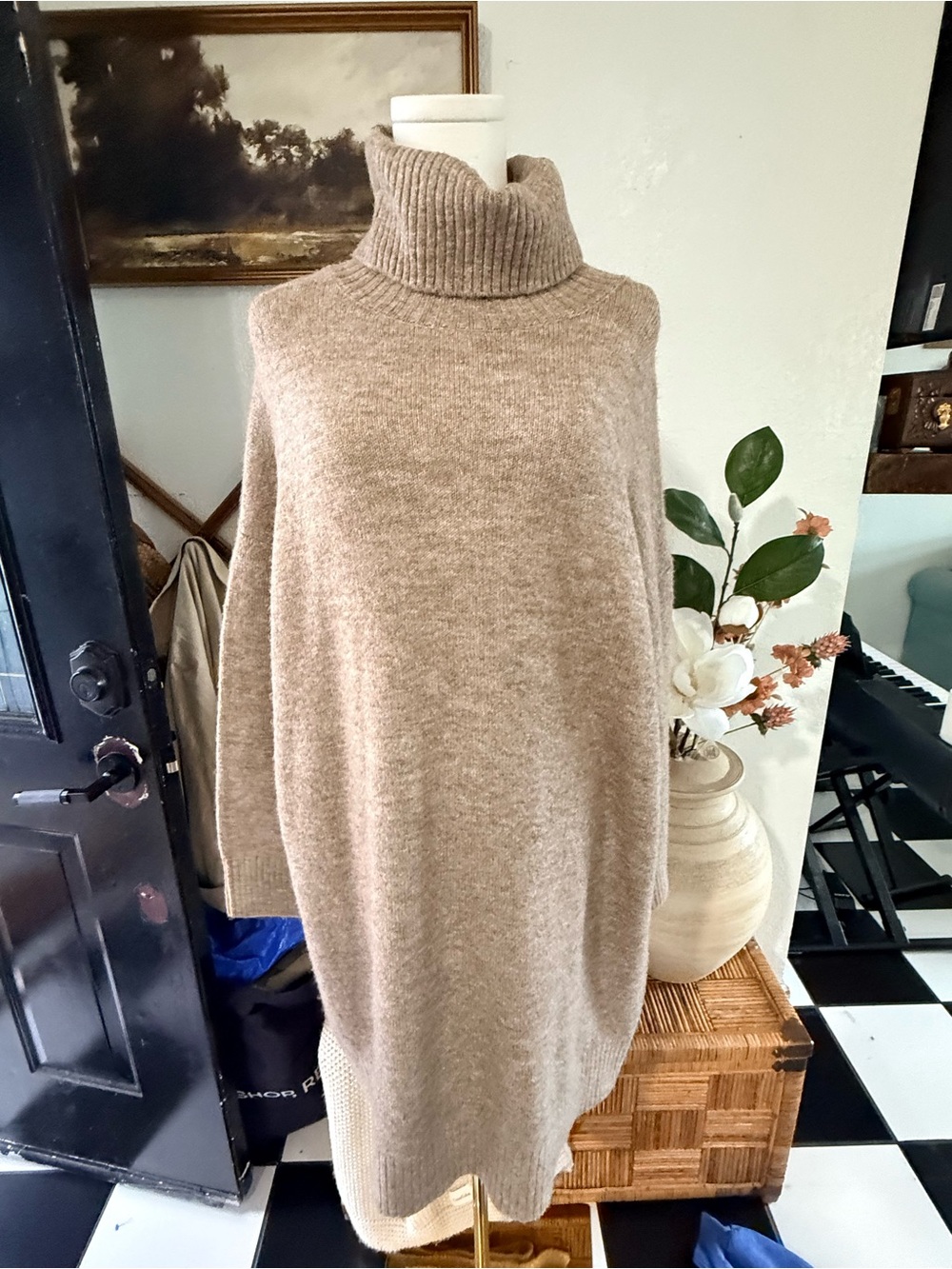 Mango Beige Taupe Oversized Turtleneck Sweater Dress